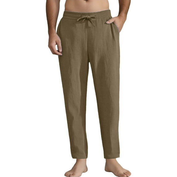 Work Pants for Men, Men's Cotton Linen Casual Pants, Solid Color Basic Vacation Drawstring Pants Lightweight Loose Trousers with Pockets
