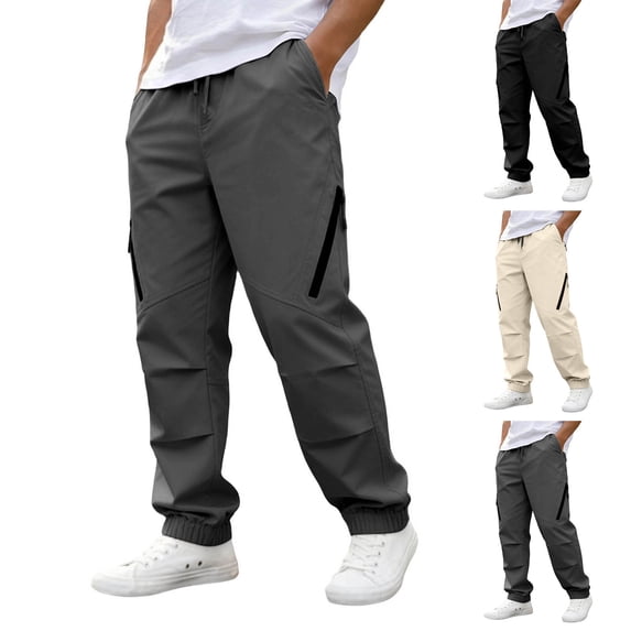 Work Pants for Men Men's Solid Color Tight Waist Drawstring Casual Sports Multi Pocket Workwear Pants Black L
