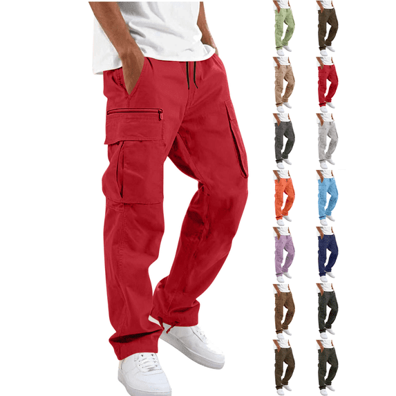 Work Pants for Men Nelozsy Men Solid Casual Multiple Pockets Outdoor Straight Type Fitness Pants Cargo Pants Trousers Red XL