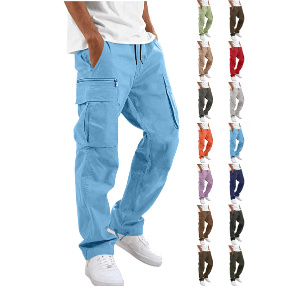 Work Pants for Men Nelozsy Men Solid Casual Multiple Pockets Outdoor Straight Type Fitness Pants Cargo Pants Trousers Sky Blue XXL
