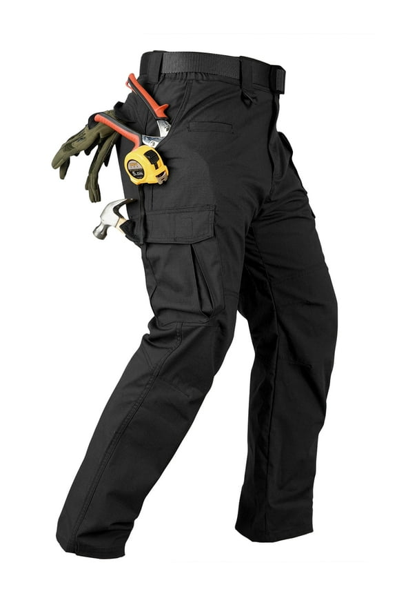 Men's Ripstop Work Pants, 8-Pocket Utility Cargo Pants with Side Elastic Waist, Stretch Water-Resistant Outdoor Hiking Trousers(No Belts)