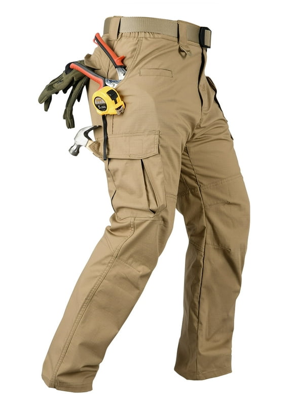 Men's Ripstop Work Pants, 8-Pocket Utility Cargo Pants with Side Elastic Waist, Stretch Water-Resistant Outdoor Hiking Trousers(No Belts)