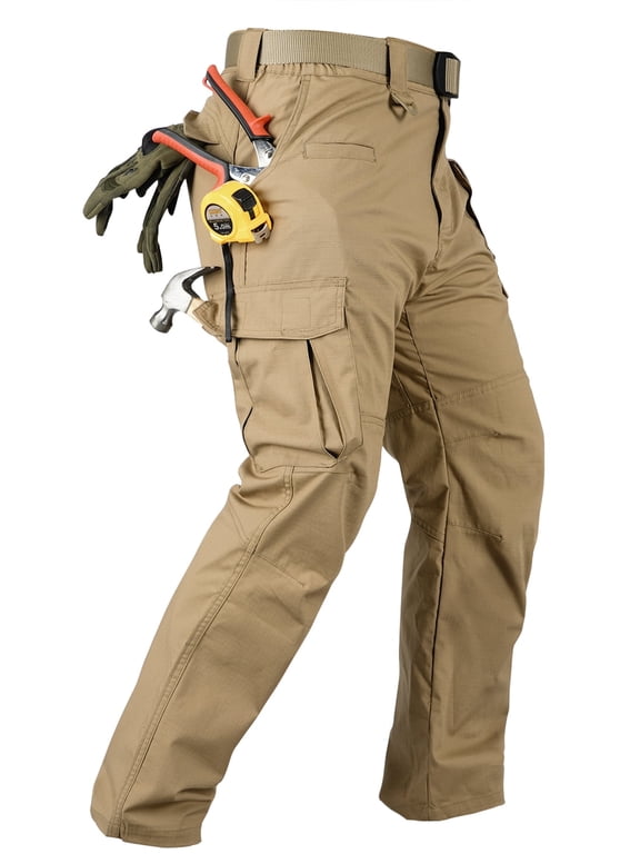 Men's Ripstop Work Pants, 8-Pocket Utility Cargo Pants with Side Elastic Waist, Stretch Water-Resistant Outdoor Hiking Trousers(No Belts)