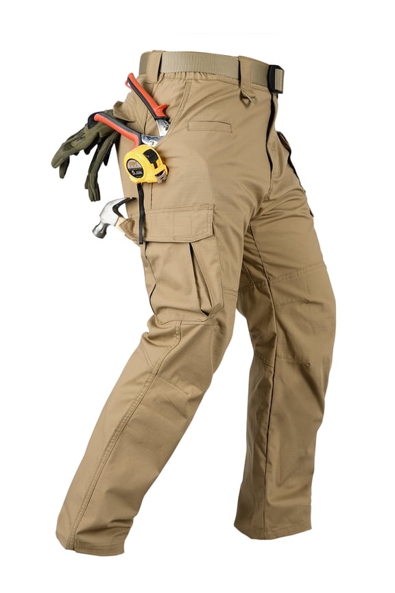 Men's Ripstop Work Pants, 8-Pocket Utility Cargo Pants with Side Elastic Waist, Stretch Water-Resistant Outdoor Hiking Trousers(No Belts)