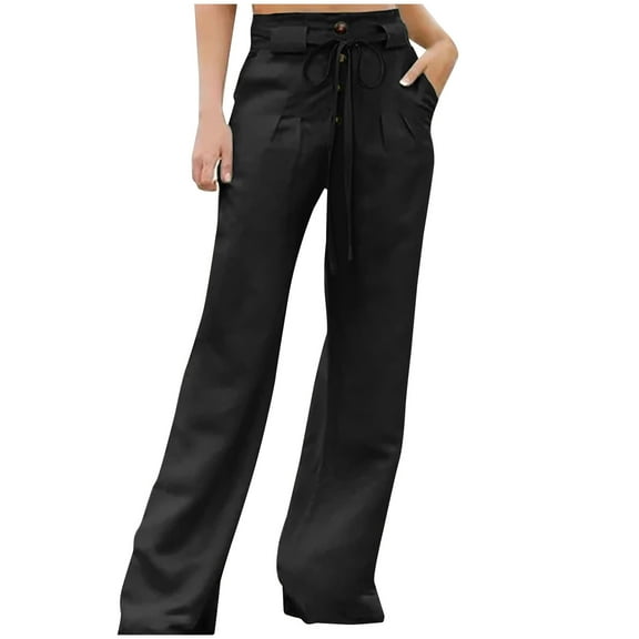 Work Pants for Women High Waist Straight Leg Slacks Lace-Up Button Bootleg Pants Loose Wide Leg Trousers with Pockets
