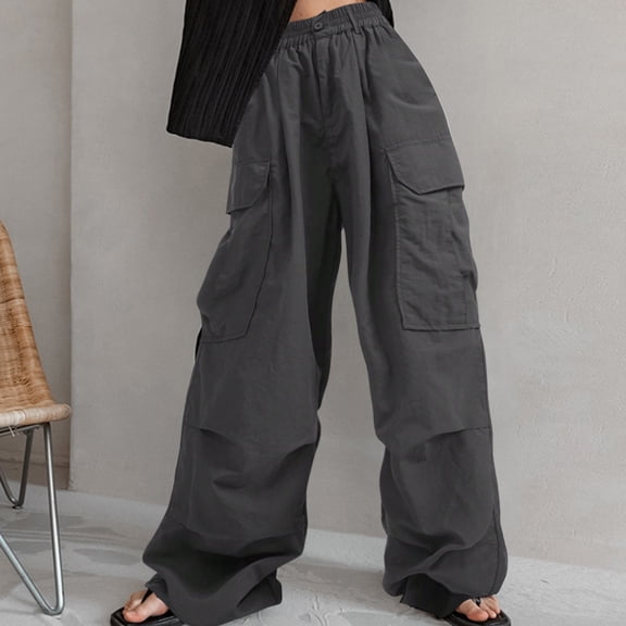 Work Pants for Women Women Summer Fashionable Solid Color Straight Leg Low Waist Pocket Workwear Pants Dark Gray XL