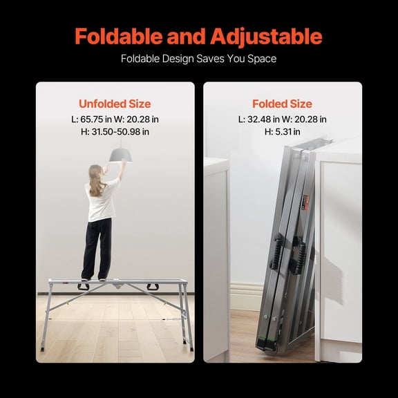 Work Platform,4 Gear Adjustable Height,Folding Alloy Steel Step Ladder,Portable Scaffolding Platform,800 lb Load Capacity,Non-Slip Rubber Feet,Drywall Painting Stool,Cleaning&Washing