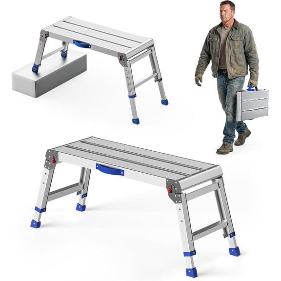Work Platform for Adults, Aluminum Foldable Long Step Stool Adjustable Height, Lightweight and Durable Portable Outdoor Aluminum Step Ladder, Maximum Load Capacity of 800 Pounds.
