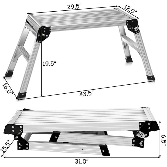Work Platform Aluminum Step Ladder Drywall Safe CE Approved of Capacity 330 LBS Heavy Duty Portable Bench Folding Ladders Stool w/Non-Slip Mat (Silver)