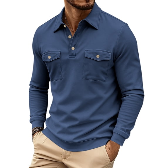 Work Polo Shirts for Men Long Sleeve Button Down Tee Shirts Basic Blue Men Outfits