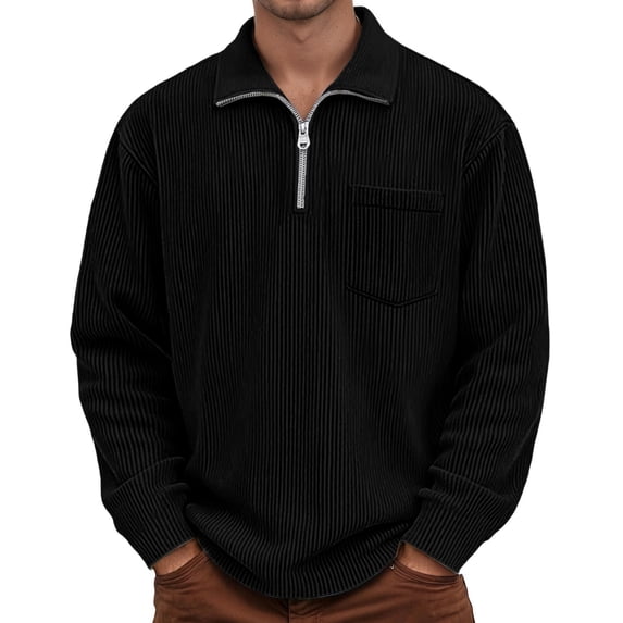 Work Polo Shirts for Men Long Sleeve Quarter Zip Corduroy Tees Shirts Basic Black Men's Clothing