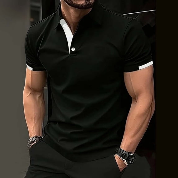 Work Polo Shirts for Men Short Sleeve Button Up Slim Fit Summer Black Mens Vacation Shirts