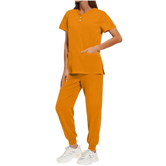 Work Scrub for Women's Set V Neck Short Sleeve Tops with Pockets Drawstring Jogger Pants, Stretch Nurses Outfits Orange S