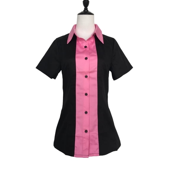 Work Shirt Elegant Formal Office Short Sleeve Women Secretary Blouses-black&pink