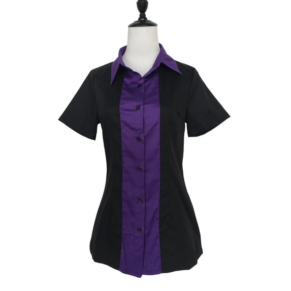 Work Shirt Elegant Formal Office Short Sleeve Women Secretary Blouses-black&violet