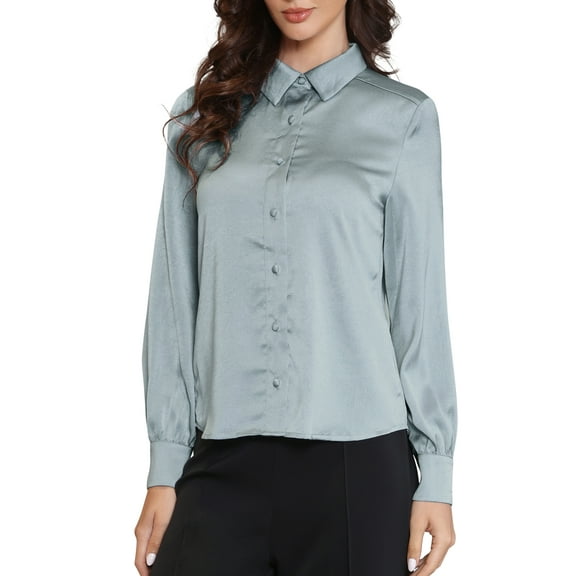 REFINED ATTIRE Work Shirt for Women Long Sleeve Button Down Business Office Blouse S Grey Blue