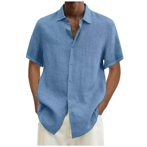 Work Shirts For Men Men Casual T-shirt Solid Short Sleeve Stand Collar Buttons Pullover Blouse Tops Vocation T-Shirt,Light Blue,L