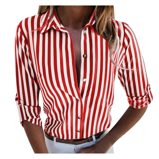 Work Shirts For womens Long Sleeve Button Down Collar Tops Striped Red ...