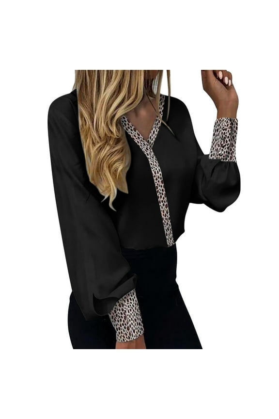 Work Shirts For womens Long Sleeve V-Neck Blouses Tops Leopard Print Black Xlwomens Camisas
