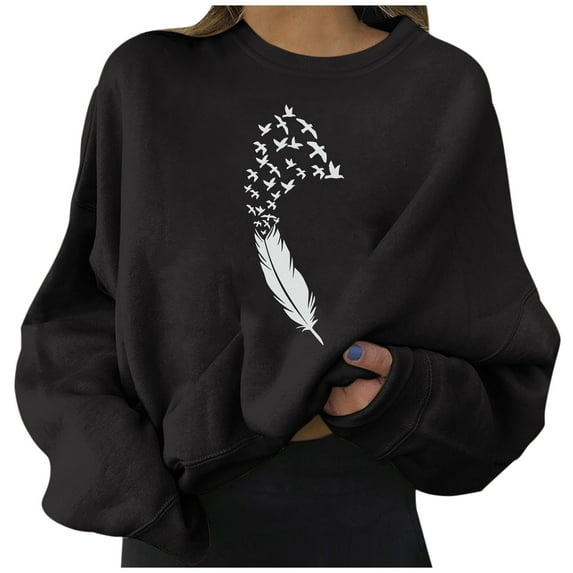 Work Shirts for Women Winter Fall Loose Fit Crew Neck Long Sleeve Bell Cold Shoulder Feather and Bird Print Elegant Polyester Hoodies Sweatshirts(Black,XL)