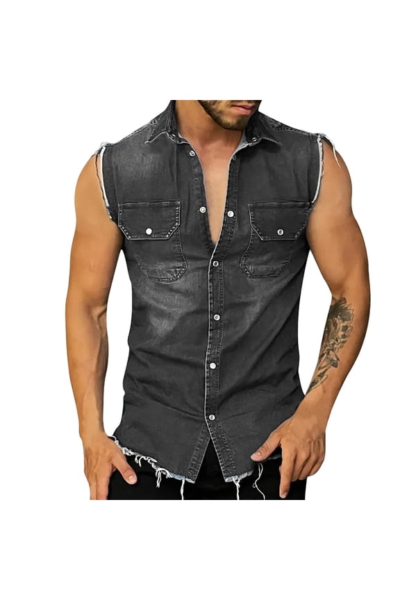 Work Shirts for Men Men's Fitted Vintage Sleeveless Button Down Denim Vest Jacket Mens Shirt Black L
