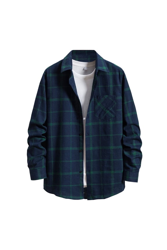 Work Shirts for Men Men's Leisure Plaid Long Sleeve Slim Single Breasted Turn-Down Collar Shirt Mens Shirt Dark Blue XS