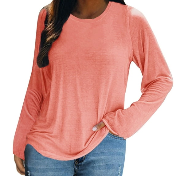 Work Shirts for Women Long Sleeve Crew Neck Shirt Solid Print Pink L