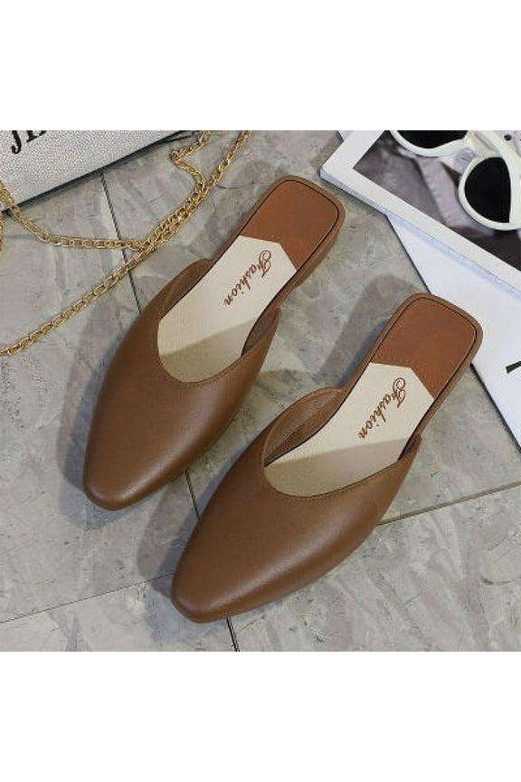 Work Shoes, Heeled Mules for Women, Heels Slippers, Womens Mules Slip On, Mules for Women, Women's Mules Low Kitten Heel Closed Square Toe Slip On Backless Dress Shoes, Brown 6.5