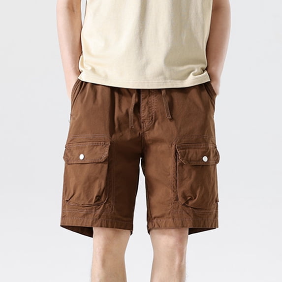 Mens Shorts Casual Fashion Multiple Pockets Half Shorts Pants Sports Elastic Mid-waist Shorts Cargo Shorts for Men Coffee M