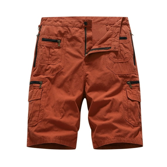 Work Shorts Men Casual Fashion Solid Shorts With Multi Pocket Button Zipper Shorts Pants Cargo Work Shorts Orange Red S