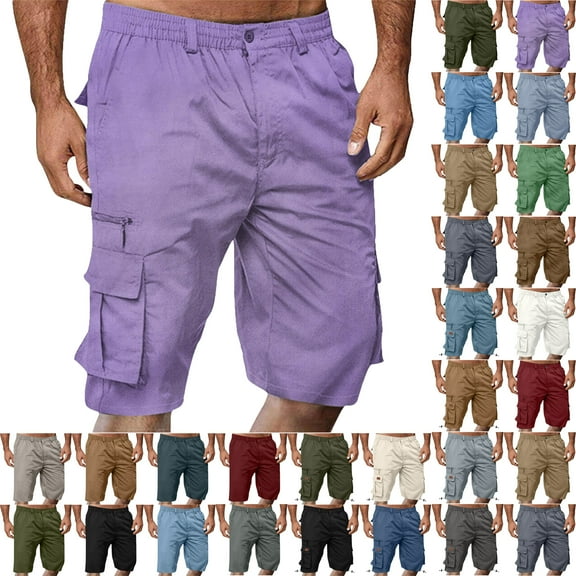 Work Shorts for Men Casual Button Zipper Solid Knee Length Cargo Pants With Pocket Straight Button Zipper Shorts Cargo Shorts for Men Purple 2XL
