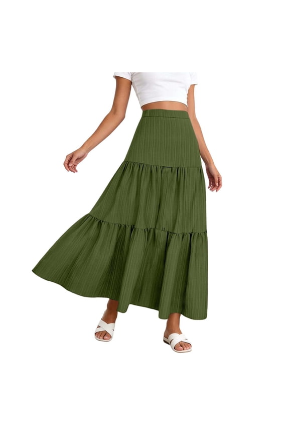 Work Skirts for Women Business Casual Relaxed Fit Polka Dot Soft & Breathable Flowy Maxi Skirts Tiered Floral Long Skirts with Pockets for Beach Vacation