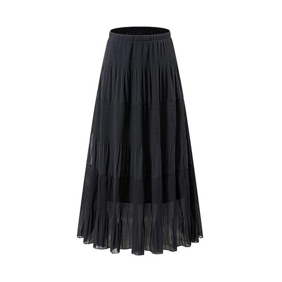 Work Skirts Womens Maxi Boho Skirt Chiffon High Waist Pleated A-Line Long Elegant Flowy Skirts Black S