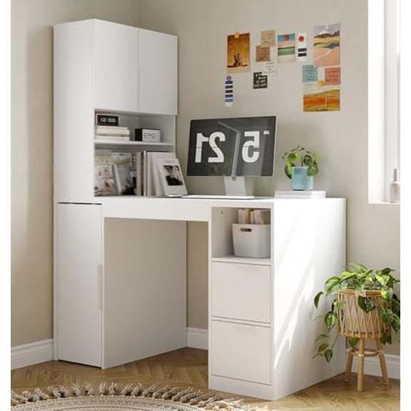 Work Study Desk for Bedroom, White Office Writing Computer Gaming Table Desk with 2 Drawers, Metal Pegboard, Open Shelves, Sliding Cabinet for Living Room, 23.7" D x 46.5" W x 61.4" H