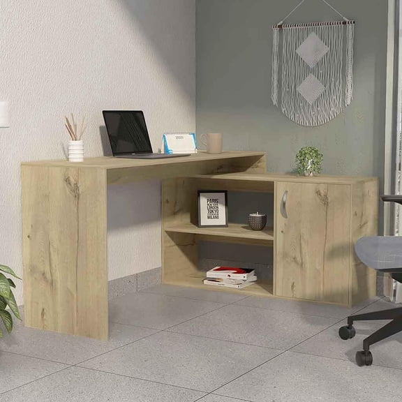Work Surface Dallas L-Shaped Home Office Desk, Two Shelves, Single Door Cabinet,Office Workstation