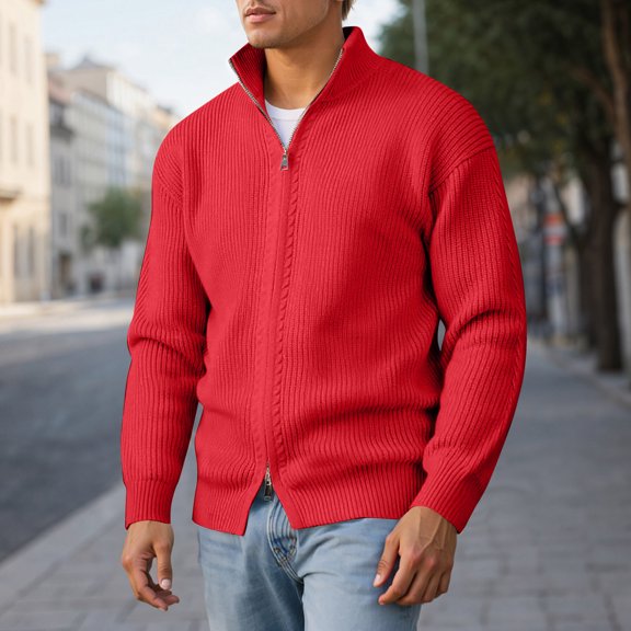 Work Sweaters for Men Solid Color Fashion Crew Neck Quarter Zip Sweatshirts Casual Loose Fit Comfoy Winter Soft Warm Knit Pullover Tops Red XXXXL