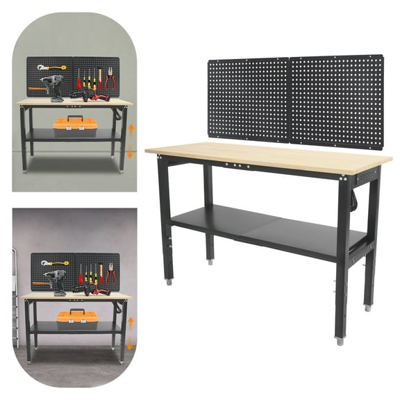 Work Table with Power Outlets, Adjustable Height Workbench, Work Table with Pegboard