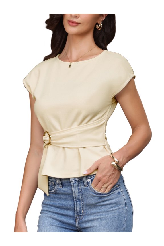 Work Tank Top for Women Sleeveless Crew Neck Business Casual Shirts with Belt S Apricot
