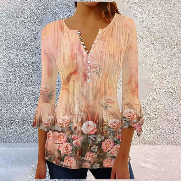 Work Tops for Women Business Casual Yubnlvae European Outfits for Women Summer Tops for Women 2025 Trendy Boho Floral Print Tunic Shirts 7 Sleeve V Neck Tshirt Casual Loose Blouse