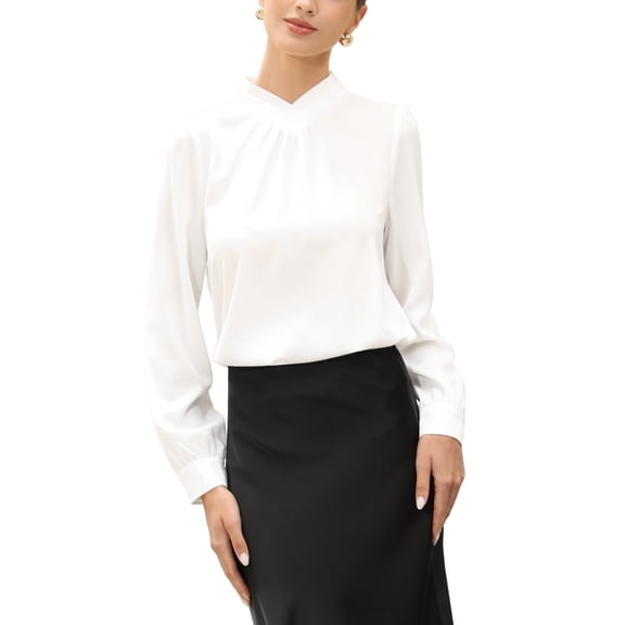 INSPIRE CHIC Women's Business Shirt Pleat Mock Neck Puff Long Sleeve Work Top M White