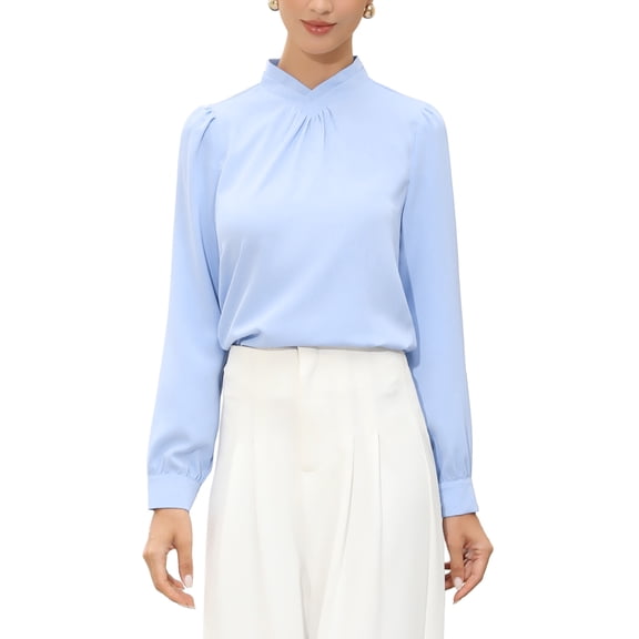 INSPIRE CHIC Women's Business Shirt Pleat Mock Neck Puff Long Sleeve Work Top S Light Blue