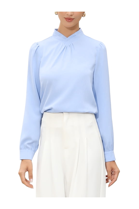 Women's Business Shirt Pleat Mock Neck Puff Long Sleeve Work Top XL Light Blue
