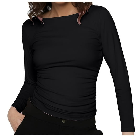 Work Tops for Women Fall Long Sleeve Boat Neck Fitted Solid Color Basic Clothes Womens Tee Shirts Dressy Casual Black S