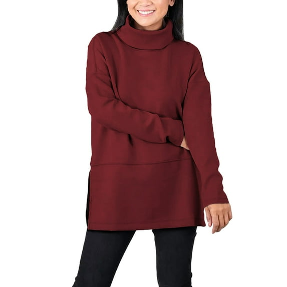Work Tops for Women Fall Long Sleeve Solid Color Crewneck High Neck Women'S Blouses Shirts Wine 3XL