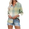 thumbnail image 1 of Work Tops for Women Office Casual Long Sleeve Plaid Button Down Shirts Slimming Summer Loose Print Blouses, Green, S, 1 of 6