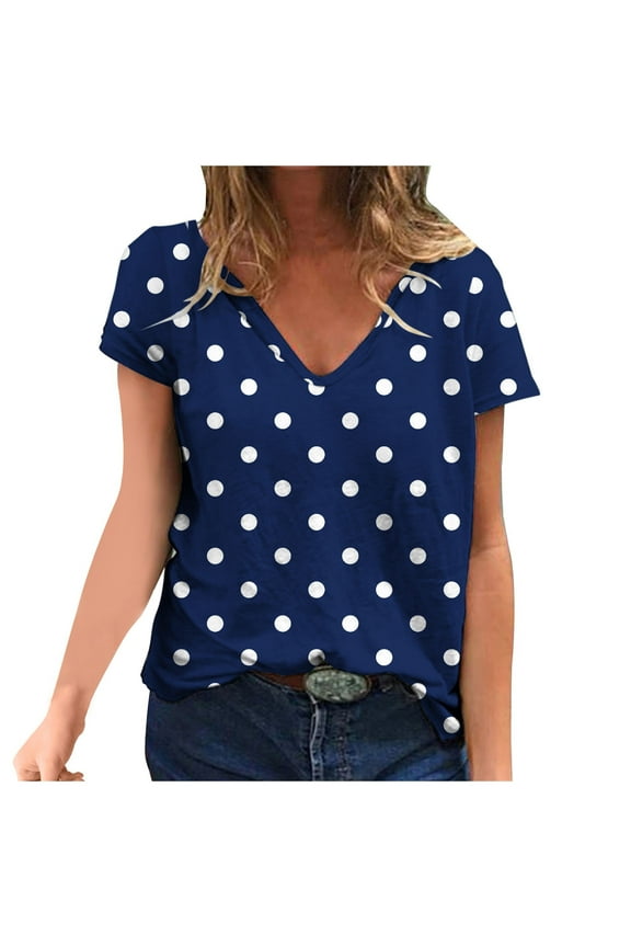 Work Tops for Womens Polka Dot Short Sleeve Blouse Tops Business Casual V Neck Summer Tunic Fashion Loose Tees Tshirts