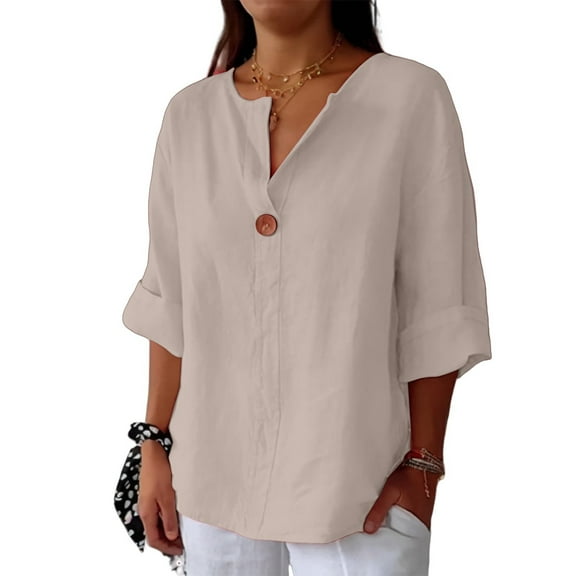 Work To Weekend Linen Shirt for Women, Oversized Button Down Shirts Women Short Sleeve Up Tops Under 5 Dollars Gauzy Dress Dresses Summer 2025 Womens Casual Black Outfits Beige M