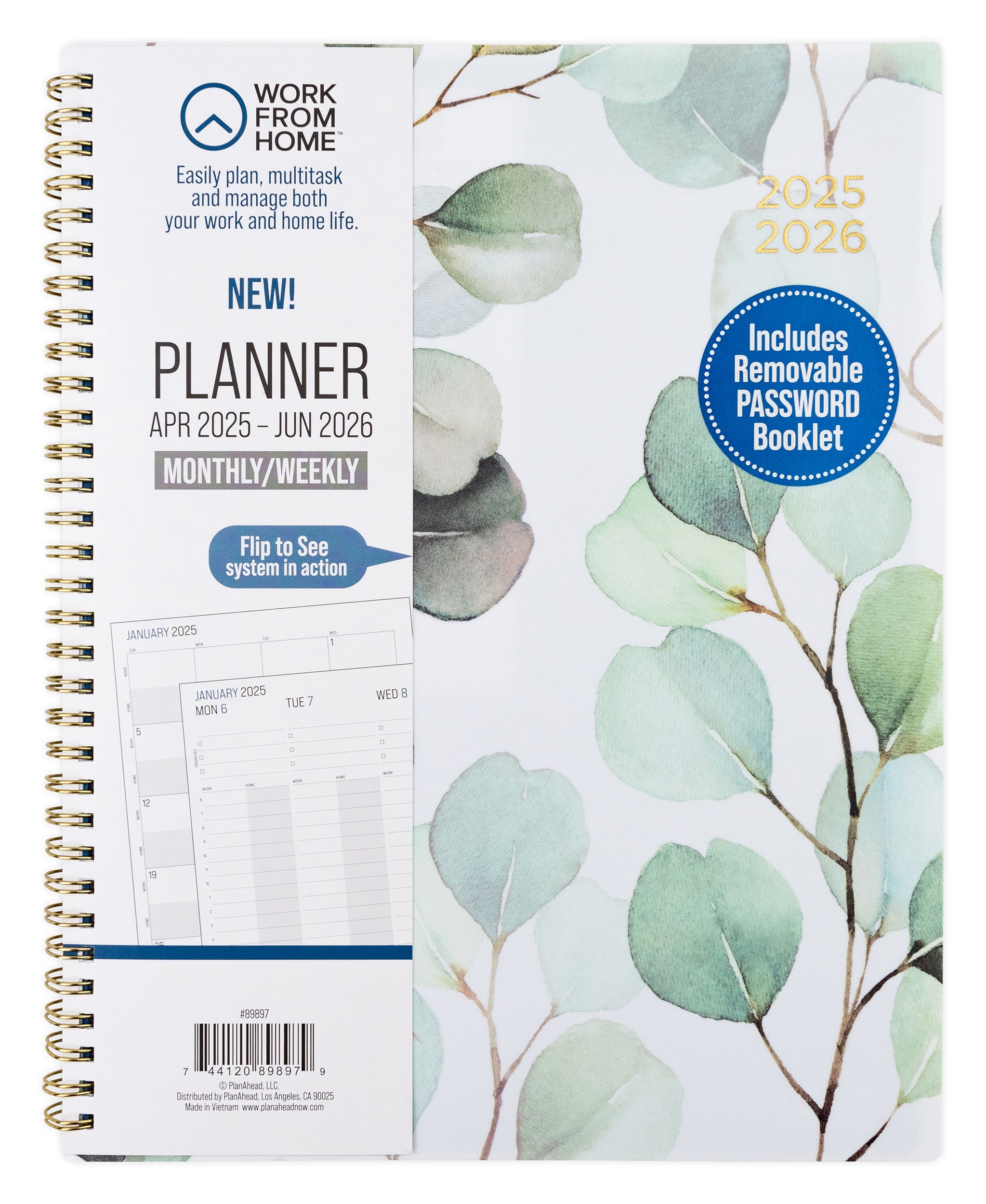 Work from Home Monthly Weekly Planner Large (9 x 11) Green Leaf, 15 month Apr 2025-Jun 2026