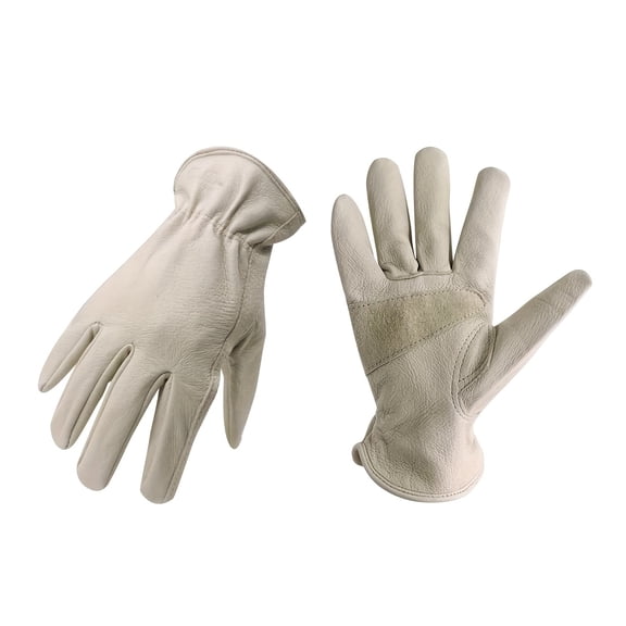 Work/garden gloves suitable for outdoor activities, featuring a non-slip knit construction and an elastic fit. Hand washable or dry cleanable. Made of genuine leather, ideal for outdoor wear.