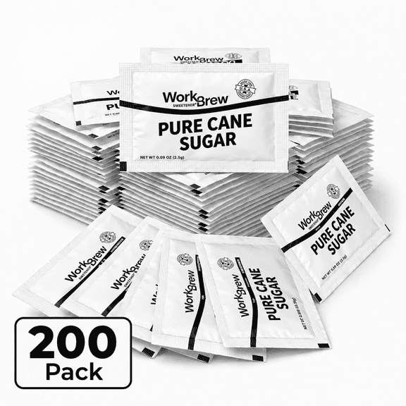 WorkBrew Pure Cane Sugar Packets, 200 Count, Single-Serve Sugar for Coffee, Tea, Office, Home & Restaurants, Kosher, Made in USA